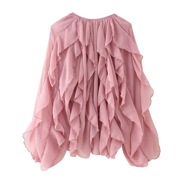 Damenbluse mit Rüschen und langen Ärmeln Elegante Chiffonbluse V-Ausschnitt Luftiges Material Gesellschafts- und Freizeitstil