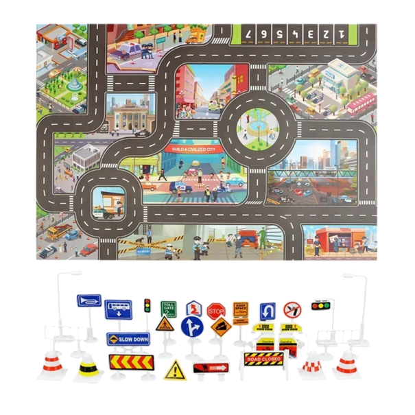 Lekmatta för barn 83 x 57 cm Mjuk matta med motiv av stadstrafikvägar och trafikskyltar Klättermatta Parkeringsplats 1
