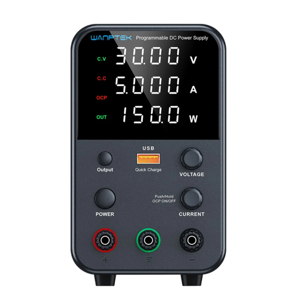 Grå laboratoriekälla 30V 5A 150W Mini likströmskälla med LED-display Snabbladdning USB-A och USB-C Dubbel ingång 1
