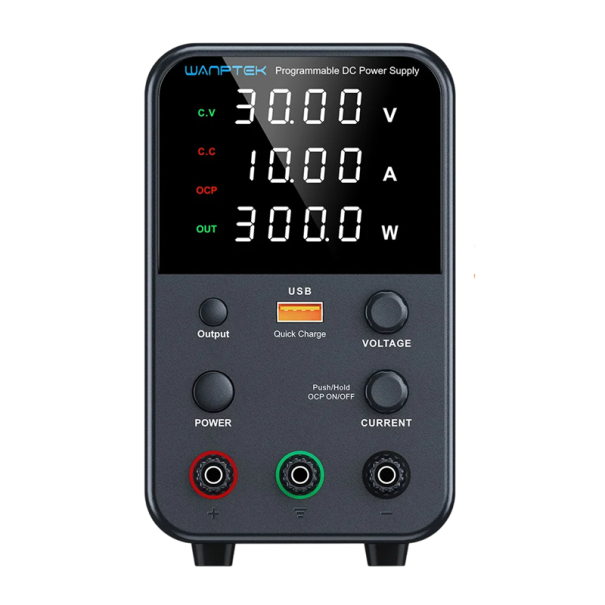 Laboratorieströmförsörjning 30V 10A 300W Mini DC-reglerad nätaggregat LED-display USB-C USB-A snabbladdning OVP OCP grå