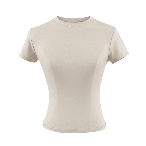Damtröja med kort ärm Enkel rund halsringning Elegant resårtopp för vardagsbruk Modern t-shirt med smal passform beige L