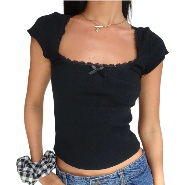 Dam-T-shirt med spetskant Crop top med rosett Elegant blus med korta ärmar Sexig, åtsittande topp med fyrkantig halsringning svart S