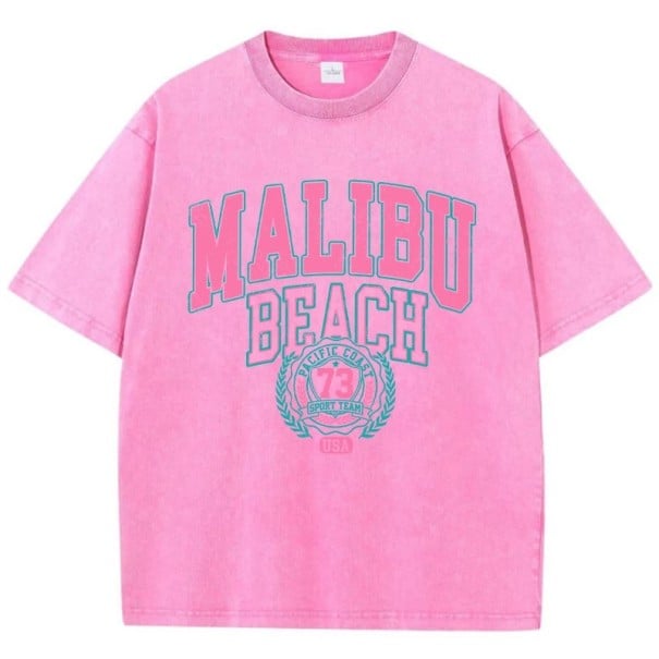 Dam-T-shirt med vintagetryck MALIBU BEACH Lös passform Sommartopp med streetwear-motiv Retrostil Vardagskläder Modern sportig design rosa S