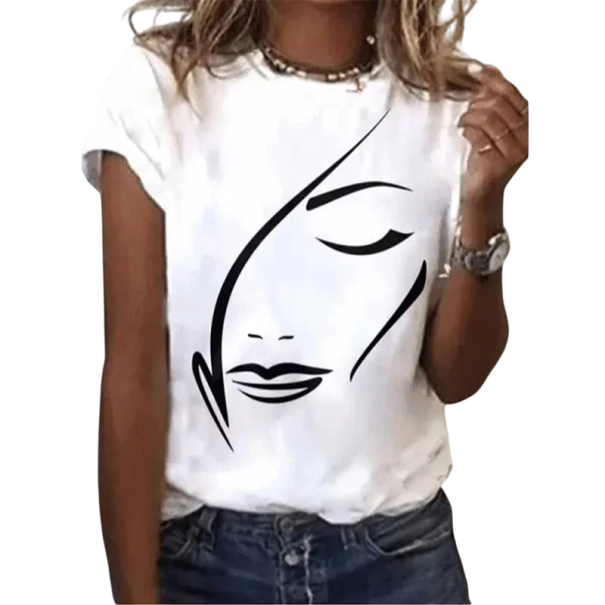 Vit kortärmad t-shirt för kvinnor Konstnärligt minimalistiskt tryck med ett kvinnligt ansikte Snyggt mode Avslappnad outfit Mjukt material XS