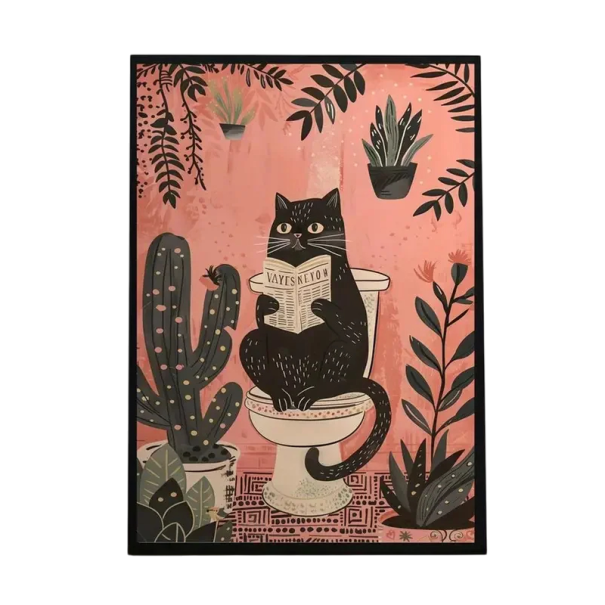 Affiche rétro 30x40 cm Chat noir rigolo sur les toilettes avec journal Fond rose Décoration végétale pour la salle de bain Sans cadre 1