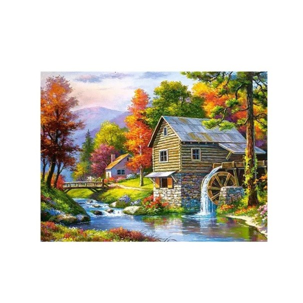 5D DIY Diamantmålning 30x40cm Vattenkvarn Skog Flod Färgglad Natur Runda Strass Broderi Korsstygn Konstdekoration Gåva 1