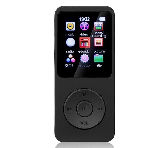 MP3/MP4 přehrávač Černý 1,8" Bluetooth 5.4 FM Rádio Diktafon HiFi Reproduktor microSD až 128GB Texty Obrázky Video černá