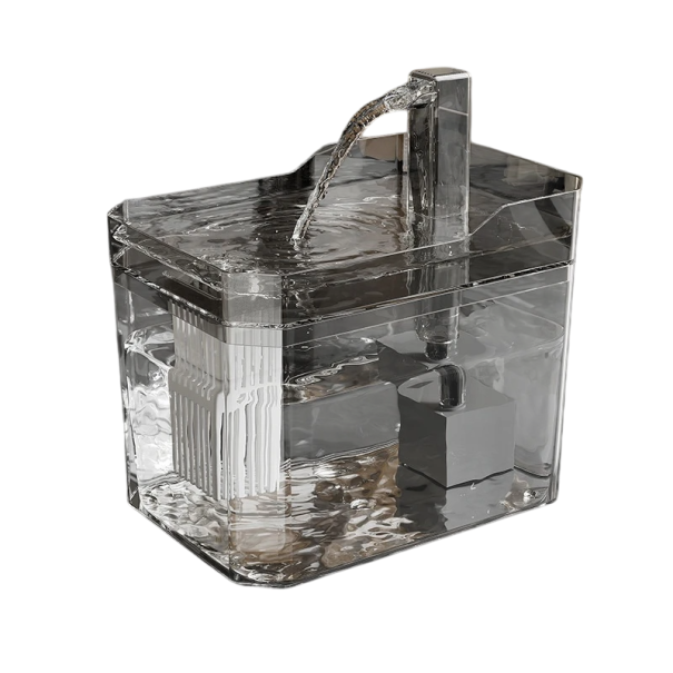 Kissavesi-fontaani 1,5 l suodattimella ja hiljaisella pumpulla Automaattinen juotto 4 virtausasetusta 12 x 16,5 x 11,5 cm harmaa