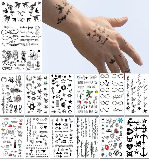 Set med tillfälliga tatueringar bokstäver stjärnor måne ankare fåglar och olika motiv vattenavvisande tatuering klistermärken för kroppen 1