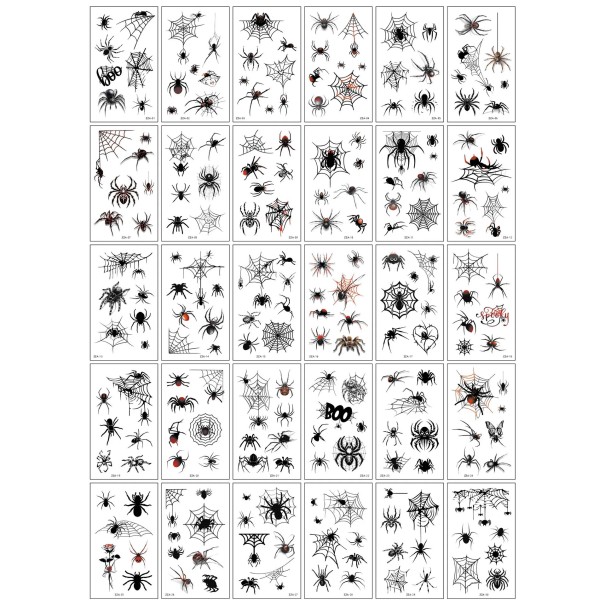 Set med 30 temporära tatueringar 5,7 x 9,7 cm Spindelnät och spindlar Halloween-motiv Skrämmande spindeldekoration 1