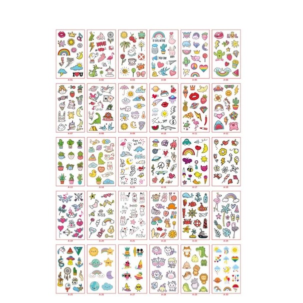 Set med 30 st tillfälliga tatueringar 5,7 x 9,7 cm Färgglada mini motiv av djur, växter, symboler och roliga illustrationer 1