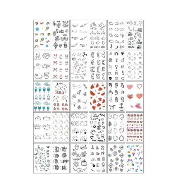 Sats med 30 st tillfälliga tatueringar 5,7 x 9,7 cm frukter, djur, godis, växter och lekfulla motiv för barn och vuxna 1
