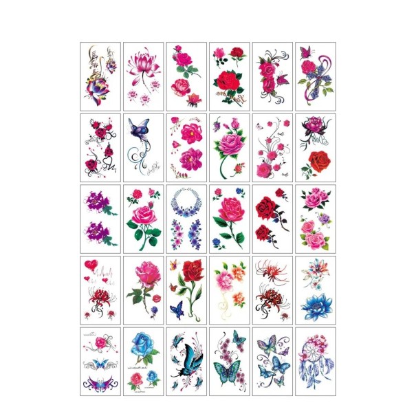 Set med 30 st tillfälliga tatueringar 5,7 x 9,7 cm blommor rosor lotusblommor och fjärilar färgglada motiv för kropp och ansikte 1