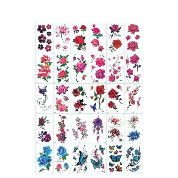 Sats med 30 st tillfälliga tatueringar 5,7 x 9,7 cm färgglada blommotiv med fjärilar för kroppssmyckning vid fester och fritid 1