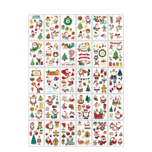 Set med 30 temporära tatueringar 5,7 x 9,7 cm med julmotiv av jultomten, granar, renar och presenter för festlig kroppspynt 1
