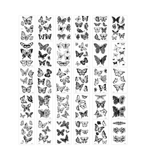 Set med 30 temporära tatueringar 5,7 x 9,7 cm svartvita motiv av fjärilar dekorativa mönster för kvinnor och män 1
