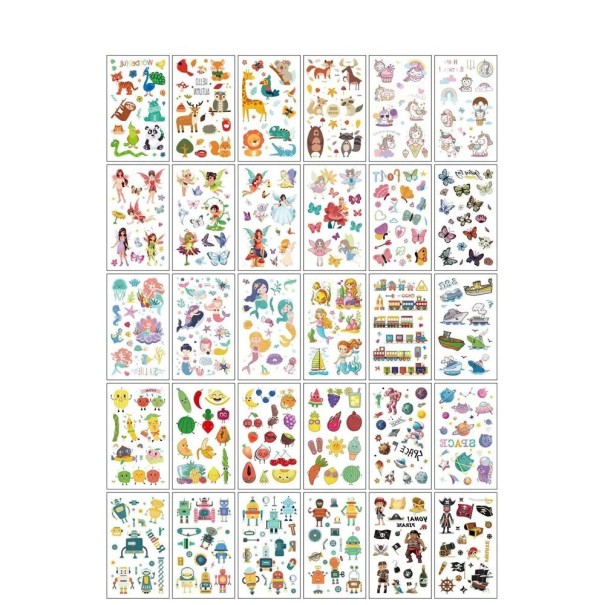 Sats med 30 st tillfälliga tatueringar 5,7 x 9,7 cm färgglada barnmotiv djur prinsessor sjöjungfrur robotar och pirater 1