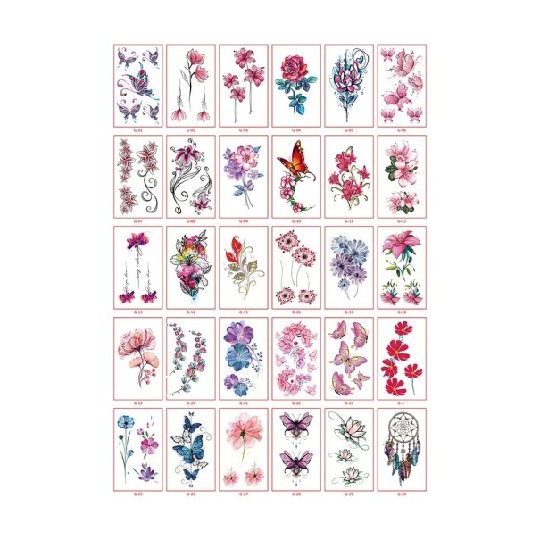 Set med 30 temporära tatueringar 5,7 x 9,7 cm blommotiv fjärilar fjädrar rosor lotus liljor och färgglada blommor 1