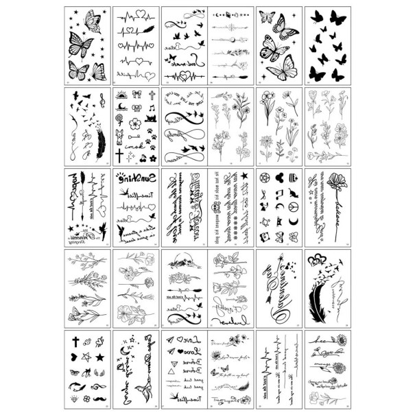 Set med 30 temporära tatueringar 5,7 x 9,7 cm svartvita motiv fjärilar blommor texter symboler minimalistiska mönster 1