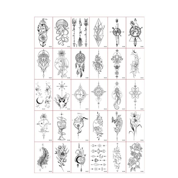Sats med 30 st tillfälliga tatueringar 5,7 x 9,7 cm svartvita motiv geometriska mönster mandalas drömmar blommor symboler 1