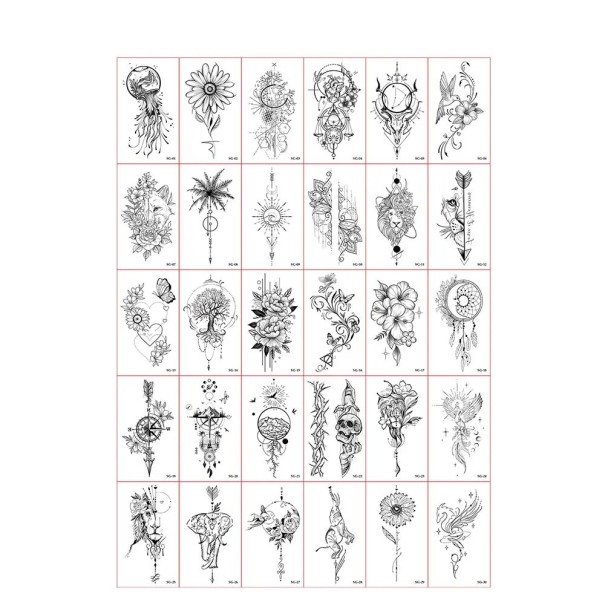 Sats med 30 st tillfälliga tatueringar 5,7 x 9,7 cm svartvita ornament blommor djur drömmar geometriska mystiska motiv 1