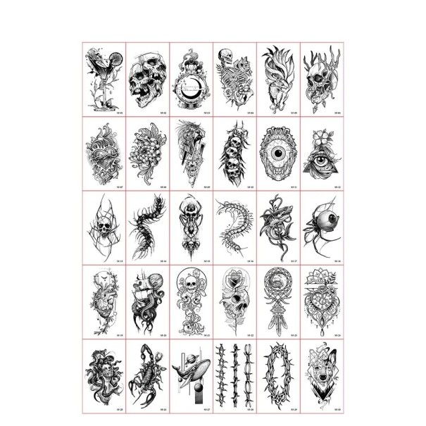 Set med 30 temporära tatueringar 5,7 x 9,7 cm svartvita skallar ögon djur insekter taggar fantasy motiv för män och kvinnor 1