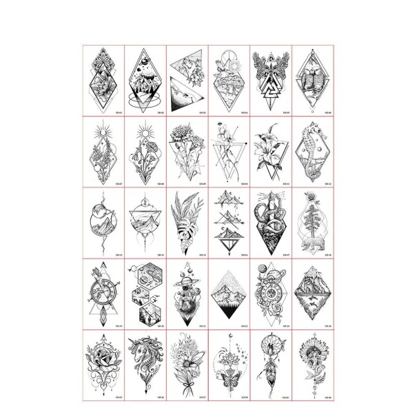 Sats med 30 st tillfälliga tatueringar 5,7 x 9,7 cm geometriska blommor berg djur kompass fjärilar växtmotiv unisex 1