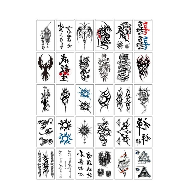 Set med 30 stycken tillfälliga tatueringar 5,7 x 9,7 cm svarta och färgglada tribalmönster drakar ornament symboler skallar 1