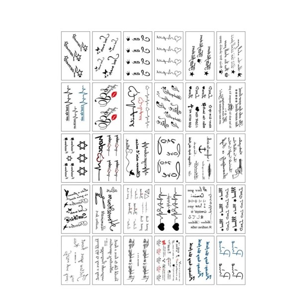 Set med 30 temporära tatueringar 5,7 x 9,7 cm med citat, texter, symboler, hjärtan, stjärnor och motiv i svart, röd och blå färg 1