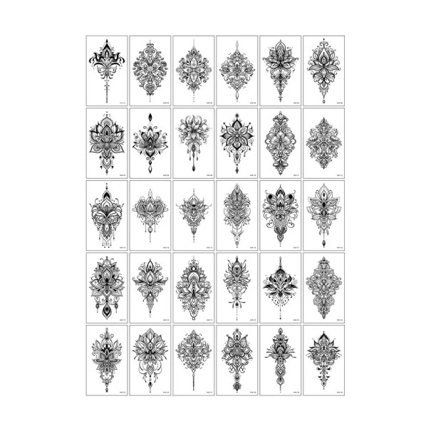 Sats med 30 st tillfälliga tatueringar 5,7 x 9,7 cm svarta ornamentala mönster mandala blommor och geometriska motiv 1
