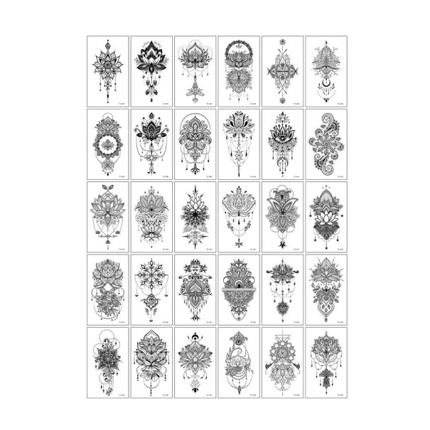 Set med 30 temporära tatueringar 5,7 x 9,7 cm detaljerade svarta motiv av mandalas, blommor och ornamentala mönster 1