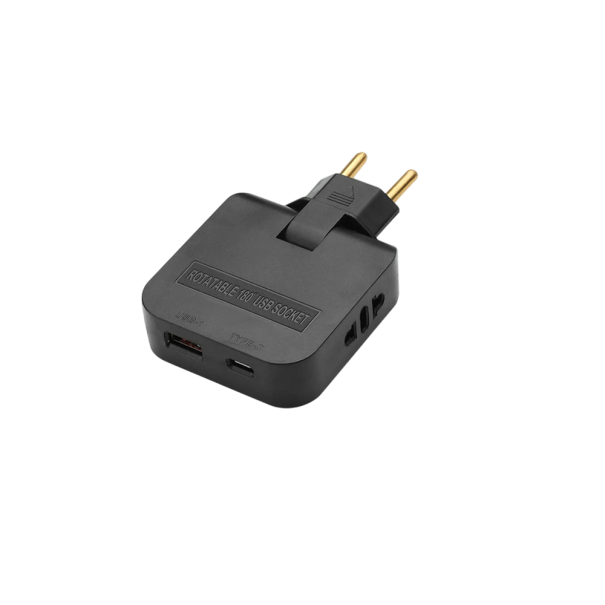 Adapter för EU-uttag Typ E/F 250V 10A 2-polig med USB-A och USB-C och 2x universell uttag Rotationsreseadapter svart
