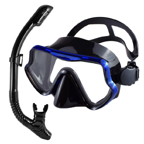 Snorklingsset Glasögon 16,5 x 8,8 cm med silikonpackning Härdat glas Snorkel 43 cm med ventil Dykutrustning mörkblå