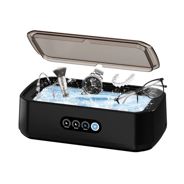 TINSOL ultraljudstvätt 49KHz 650ml 40W mini vibrationsrengörare för glasögon smycken tandproteser nappar rostfritt stål EU-kontakt svart