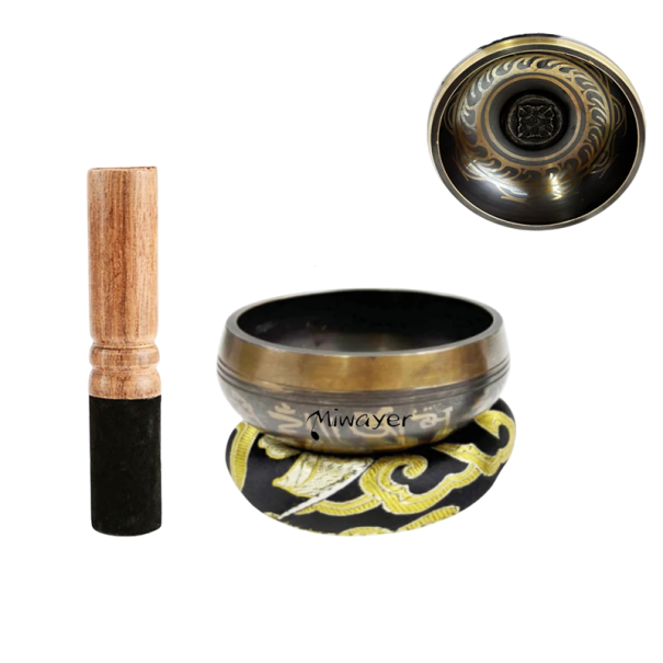 Set med tibetanska sångskålar 8,5 cm med tibetisk skrift, kudde och läderklubba för meditation, yoga, avkoppling, healing av chakran och bön 1