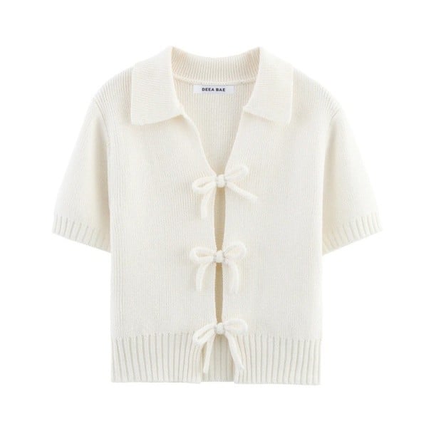 Damsvettar crop top med krage Kort ärm Tre snören för knytning fram Enfärgad sommartopp Olika färger Polyester Bomull vit S