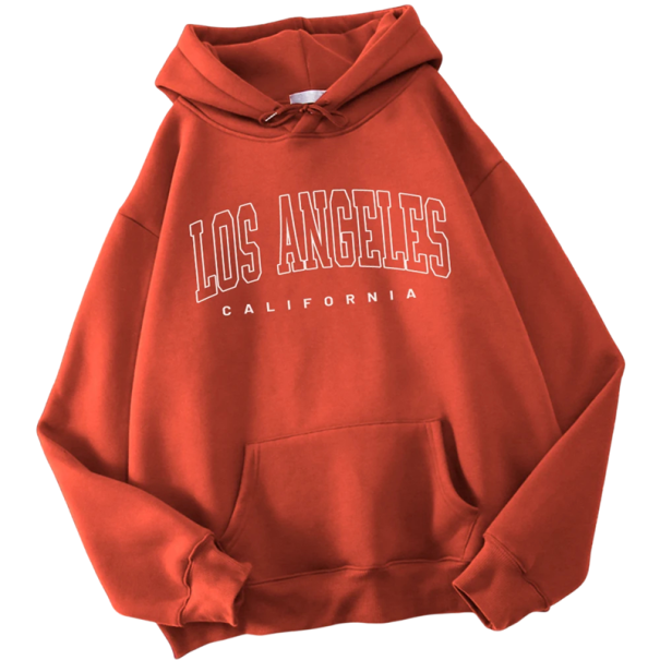 Damskapu och fickor Enfärgad hoodie med texten Los Angeles Bekväm fritidsöverdel i mjuk polyester i olika färger tegelröd XL