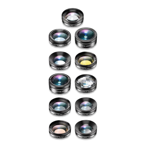 11-in-1 Smartphone Objektiv Set Fisheye 205° Weitwinkel 140° Makro 25x und 8 Filter CPL ND32 und Farbfilter mit Clip Schwarz für iOS und Android 1