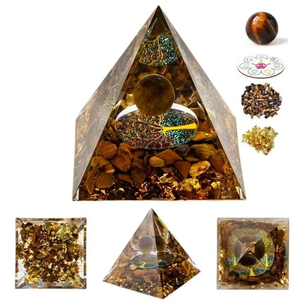 Krystalpyramide 5x5 cm med tigerøje Gyldenbrun chakrapyramide Selvtillid, mod og styrke Guldflager og chakraharmonisering 1