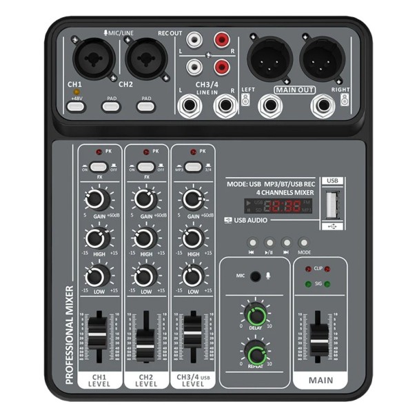 Professionell 4-kanals mixer 20,5 × 17 × 4 cm USB Bluetooth MP3 ljudmixer med effektförstärkare och 48V fantomström 1