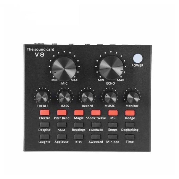 V8 Lydkort 12 effekter Reverb Metal USB ekstern lydkort 125 x 105 x 25 mm til telefon, PC, streaming og optagelse 1
