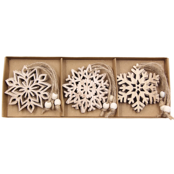 12 st Däckta trä snöflingor 3 stilar med upphängningssnöre, förpackningsmått 8,5 x 23,5 cm Dekorativa julprydnader 1