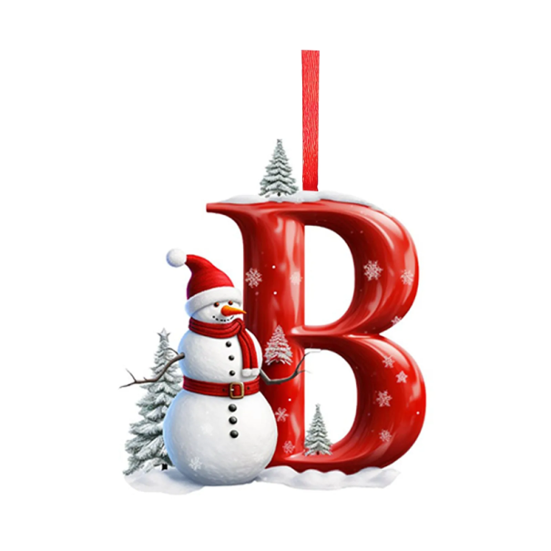 Ornement de Noël en acrylique 8 x 7 cm Lettre B rouge avec bonhomme de neige Décoration 2D pour sapin de Noël Pendentif brillant sur branche 1