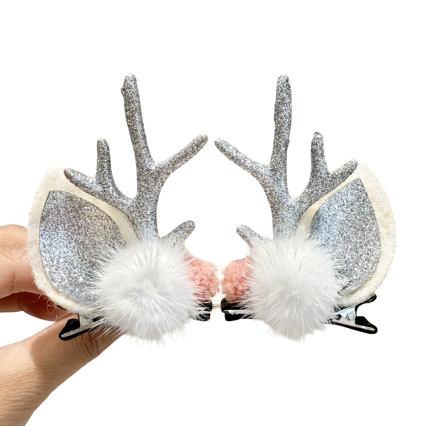 Julhårspännen Gyllene renhorn med öron och två vita pompommar Elegantisk tillbehör för julfrisyr och festlig säsong silver