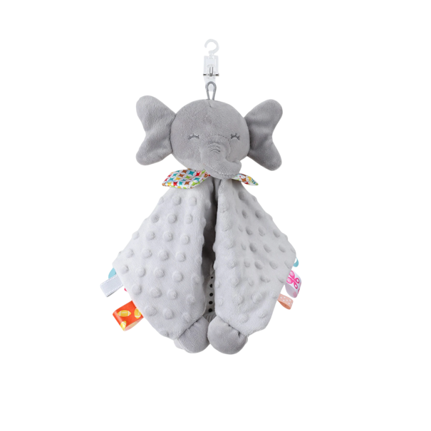 Grå elefant barnskallra med bitleksak och upphängningskrok, mått 28x28 cm, idealisk för utveckling av sinnena 1