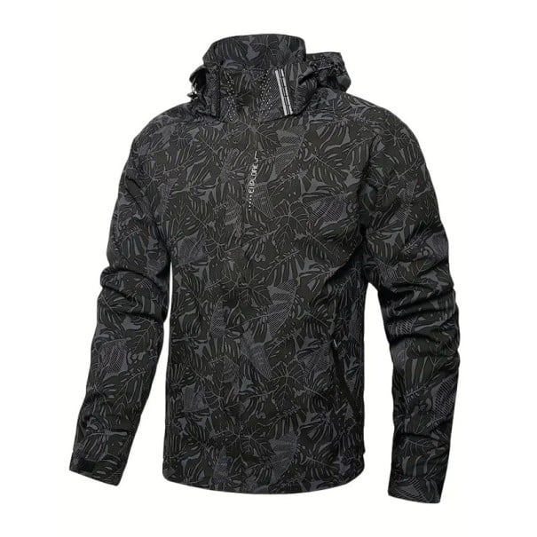 Herrens lättviktiga vattentäta jacka med huva och fickor, lövmotiv, polyester svart L