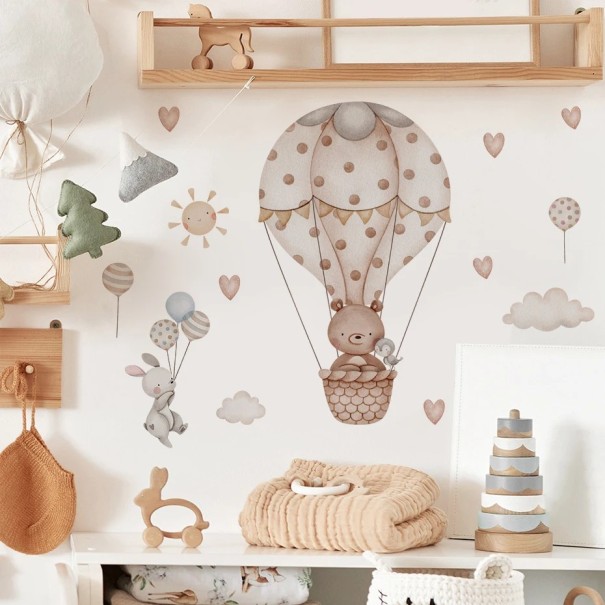 Wandaufkleber für das Kinderzimmer 75 x 48,7 cm Hase und Bär im Ballon Wanddekoration aus transparentem Vinyl einfache Installation 1