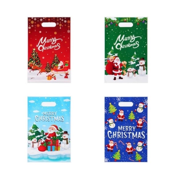 25 st Presentpåsar med julmotiv och texten Merry Christmas 25 x 16,5 cm Plastpåsar med handtag för små presenter och godis 1