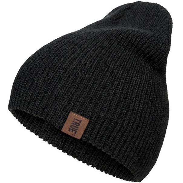 Stickad vintermössa beanie för kvinnor och män Ribbad stickning av akryl Med applikation Universell storlek för huvudomkrets 54 till 58 cm svart
