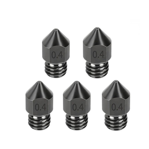 Set med 5 st härdade stålmunstycken 0,4 mm för filament 1,75 mm med M6-gänga för utskrift av precisa 3D-modeller 1